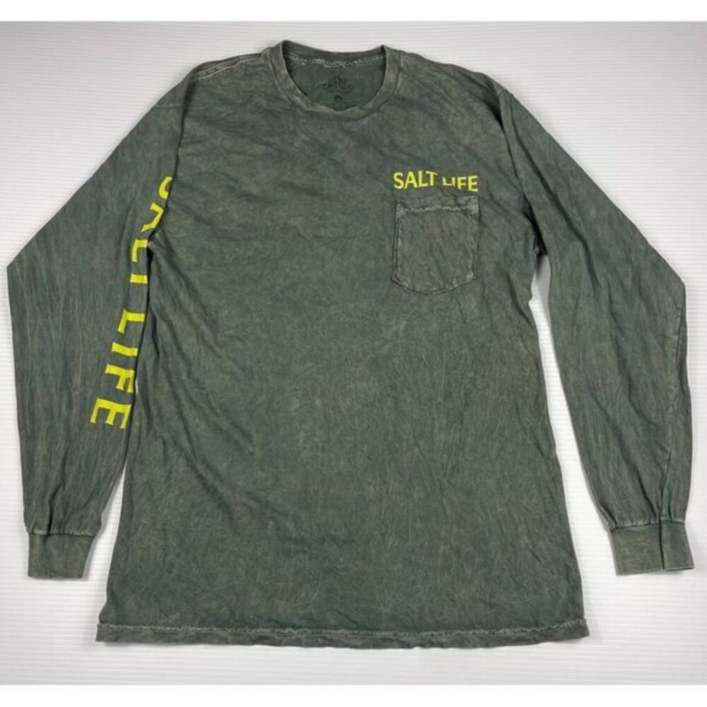 Salt Life Long Sleeve Pocket T-Shirt Olive Green‎ Vintage Wash Beach Casual L